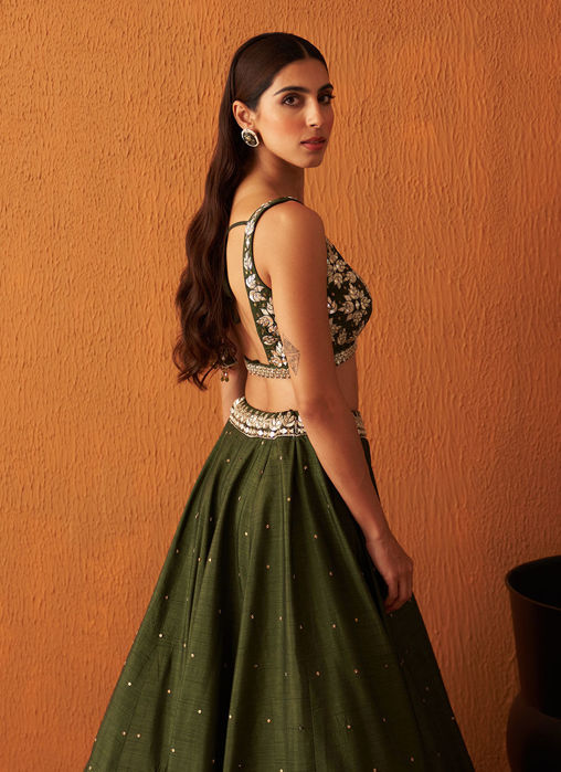 Forest Green Raw Silk Lehnga Set
