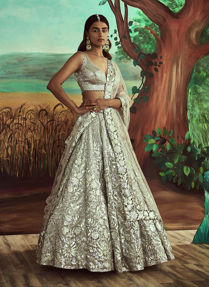 Picture of Metallic Silver Sequins and Leather Lehenga Set