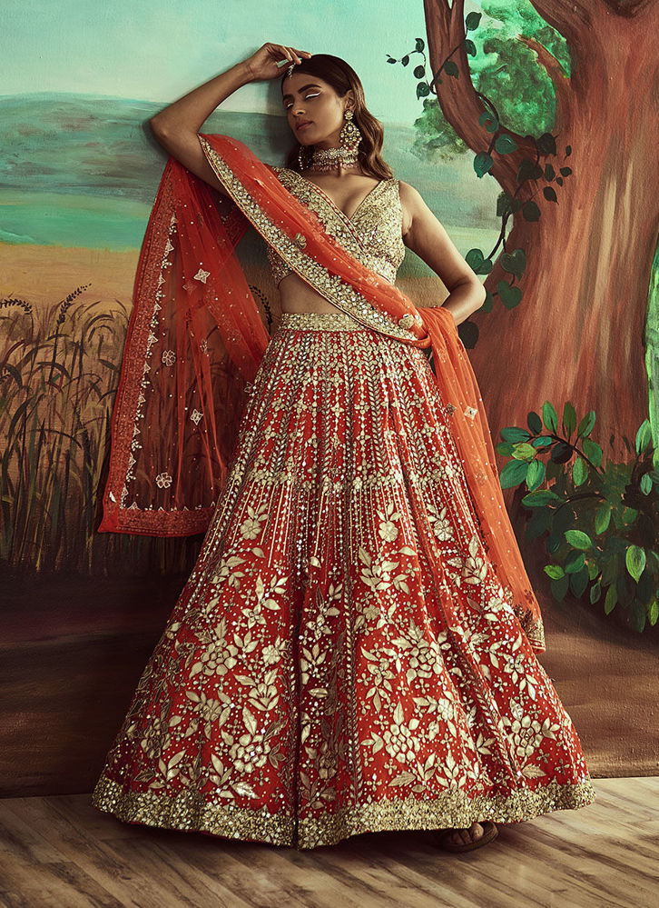 Picture of Orange Leather Lehenga Set