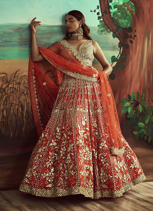 Orange Leather Lehenga Set