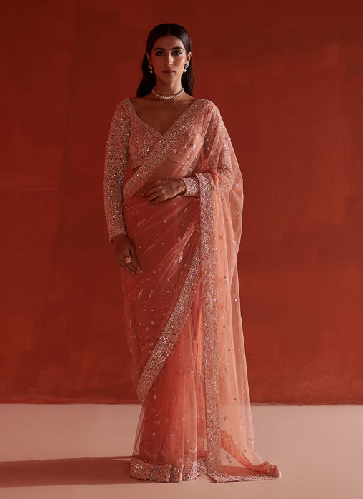 Picture of Pastel Orange Net Saree