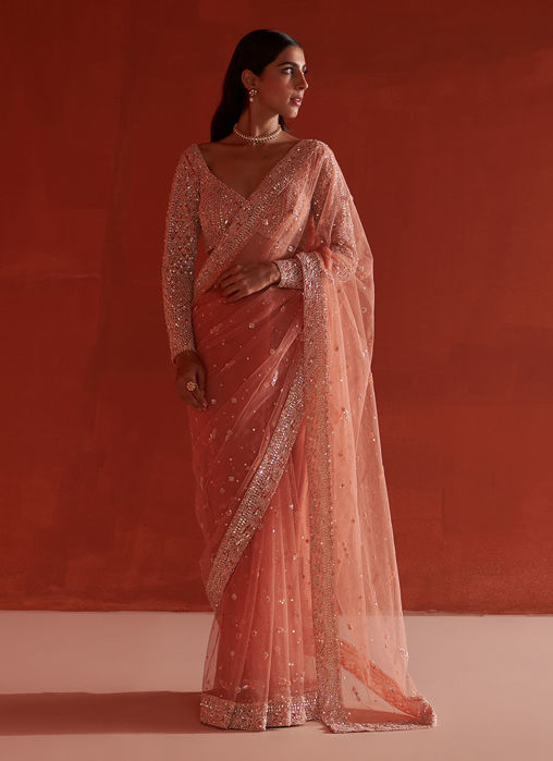 Pastel Orange Net Saree