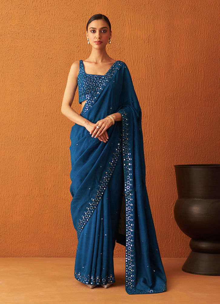 Picture of Peacock Blue Silk Saree
