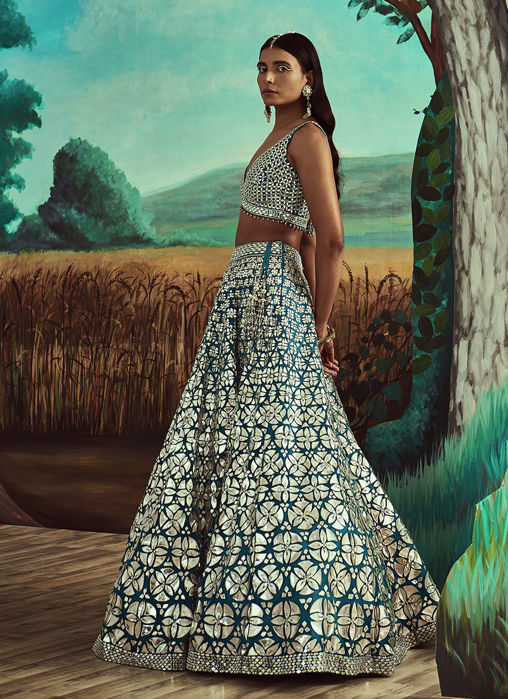 Teal Leather and Mirror Lehenga Set