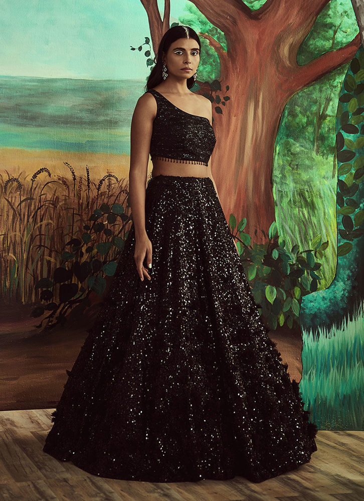 Picture of Tonal 3D Flower Black Sequins Lehenga Set