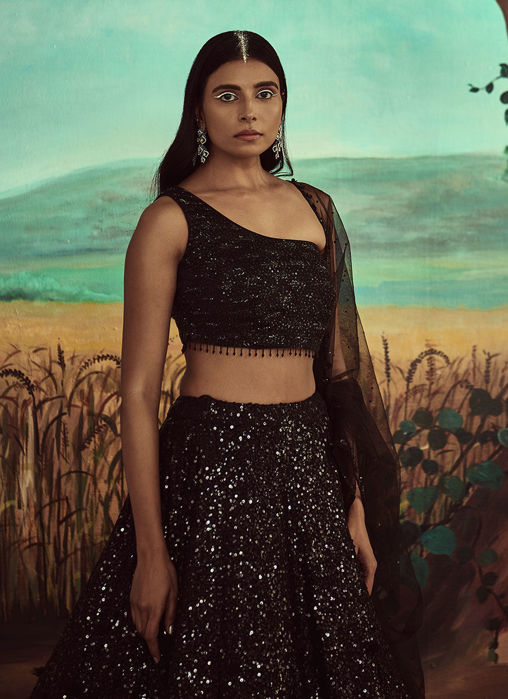 Tonal 3D Flower Black Sequins Lehenga Set