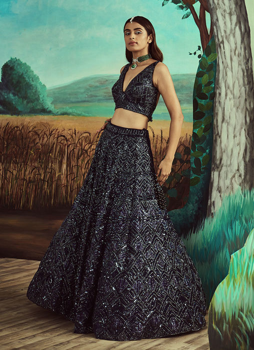 Picture of Tonal Midnight Blue Lehenga Set