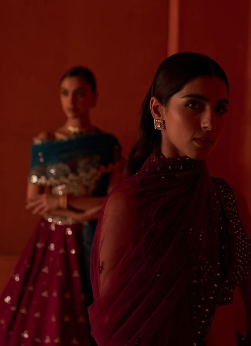 Wine Raw Silk Lehnga Set