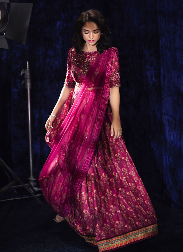 Picture of Gloria Crimson Lehnga Choli with Draped Dupatta
