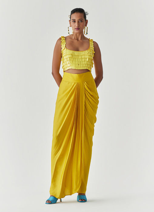CANARY SEQUIN BLOUSE and DRAPE SKIRT