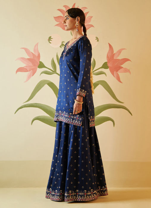 MID NIGHT BLUE SATIN SILK SHARARA SET