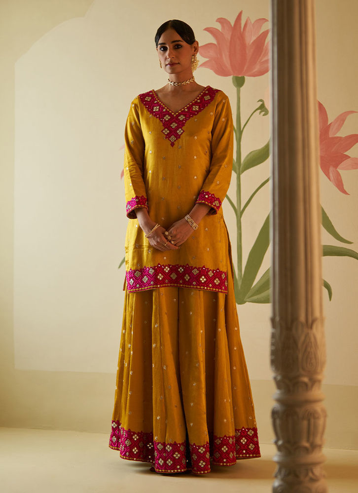 Picture of MUSTARD SATIN SILK SHARARA SET