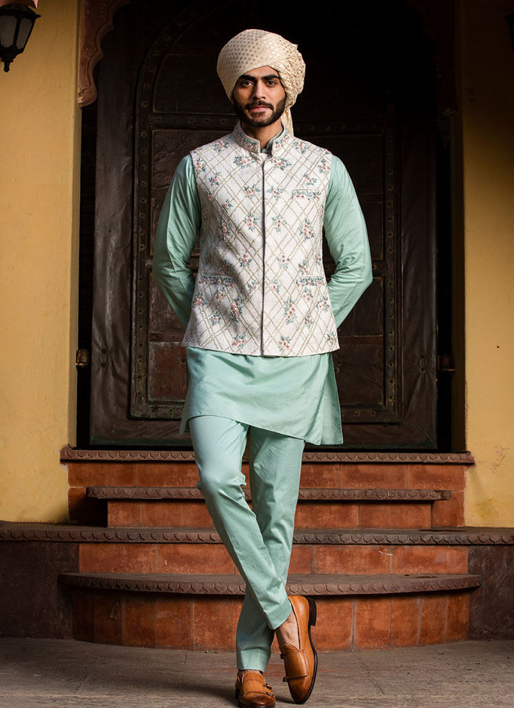 Picture of CREAM JACKET WITH MINT GREEN KURTA AND PANTS