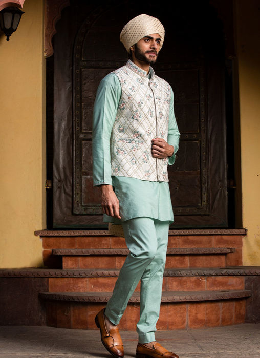 CREAM JACKET WITH MINT GREEN KURTA AND PANTS