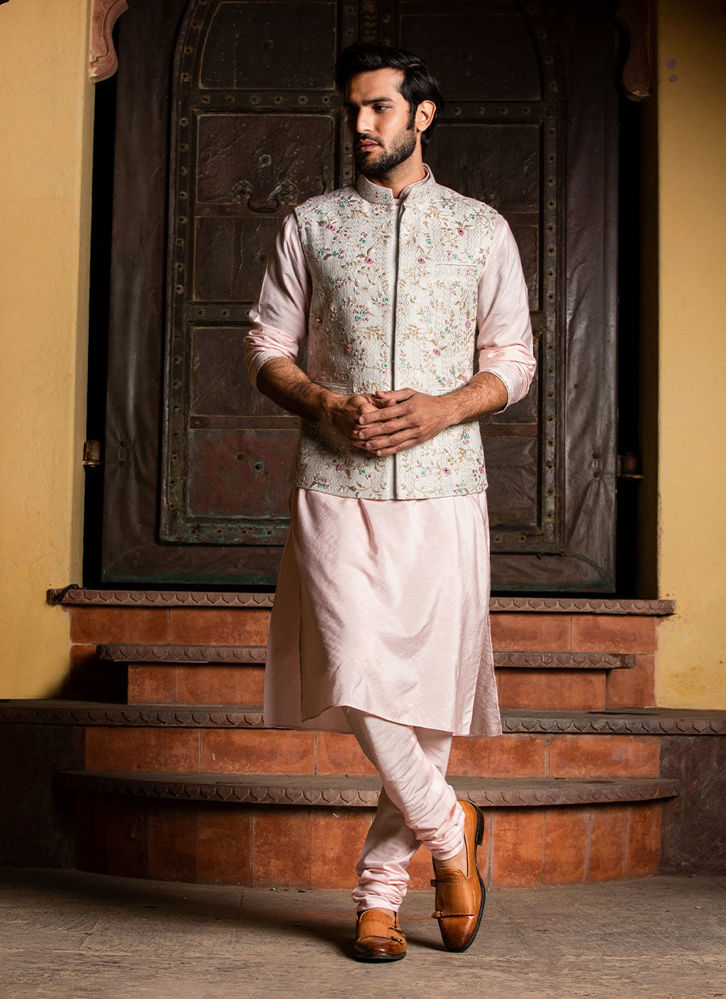 Picture of CREAM JACKET WITH BLUSH PINK KURTA AND CHURIDAR