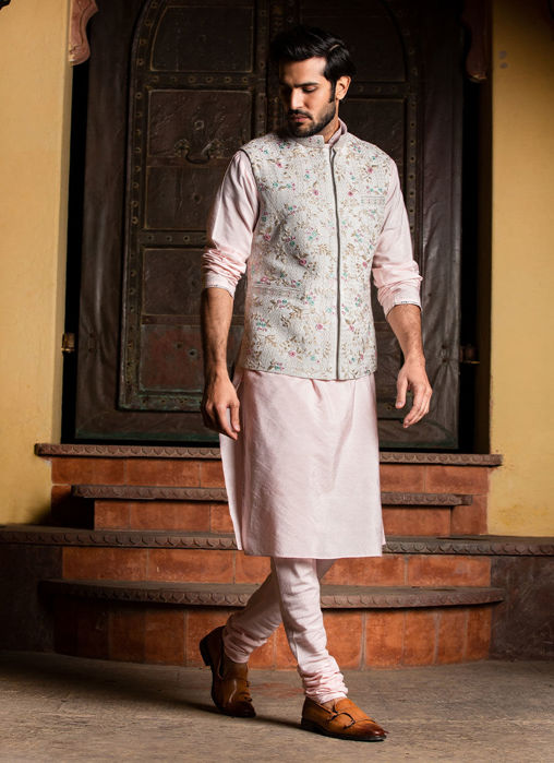 CREAM JACKET WITH BLUSH PINK KURTA AND CHURIDAR