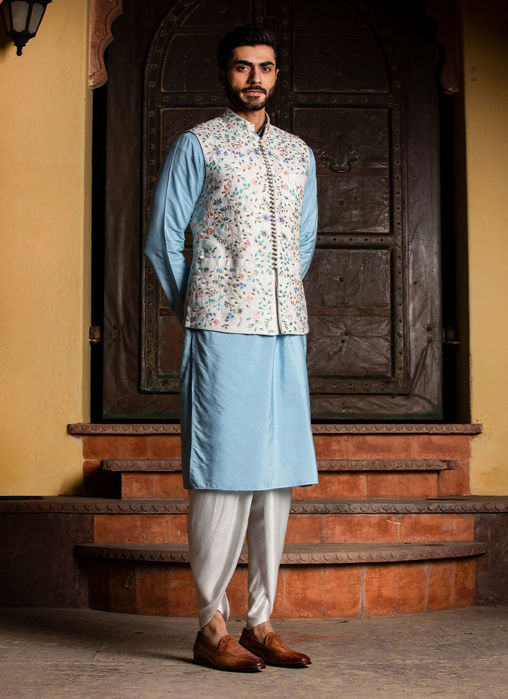 IVORY FLORAL JACKET WITH KURTA AND IVORY DHOTI