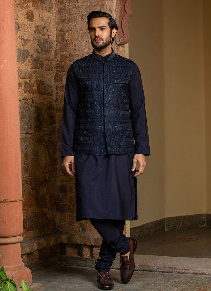 Picture of NAVY BLUE KURTA CHURIDAR WITH  NEHRU JACKET