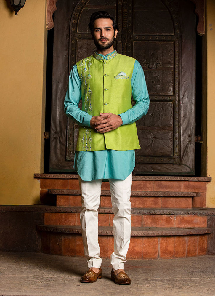 Picture of TURQ KURTA WITH LIME RAW SILK JACKET AND PANT