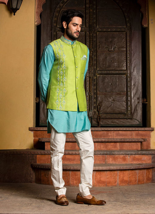 TURQ KURTA WITH LIME RAW SILK JACKET AND PANT