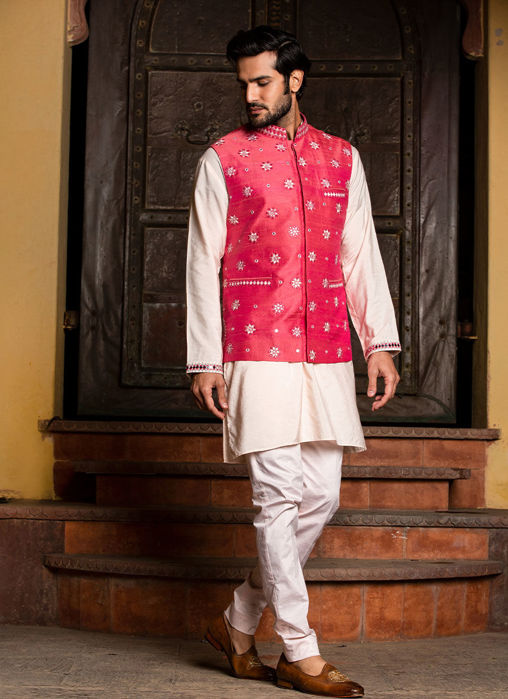 BLUSH KURTA TROUSER WITH CORAL EMBROIDERED RAW SILK JACKET