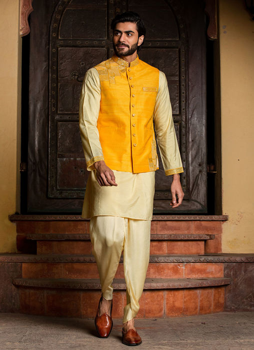 LEMON KURTA DHOTI SET WITH YELLOW RAW SILK EMBROIDERED JACKET