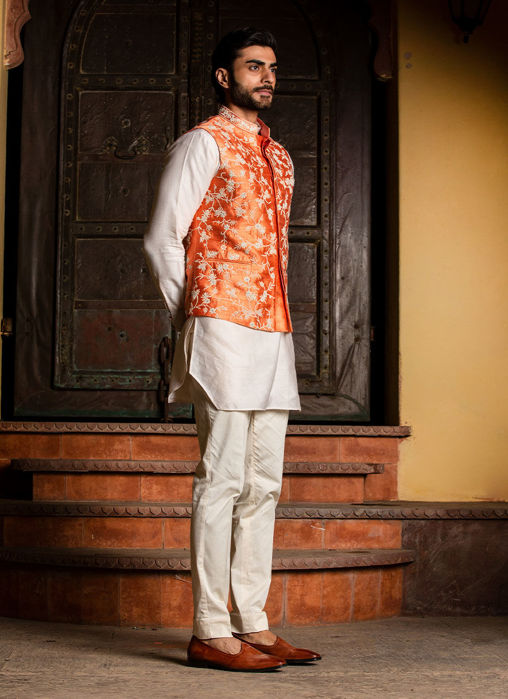 ORANGE RAW SILK EMBROIDERED NEHRU JACKET WITH KURTA AND PANT