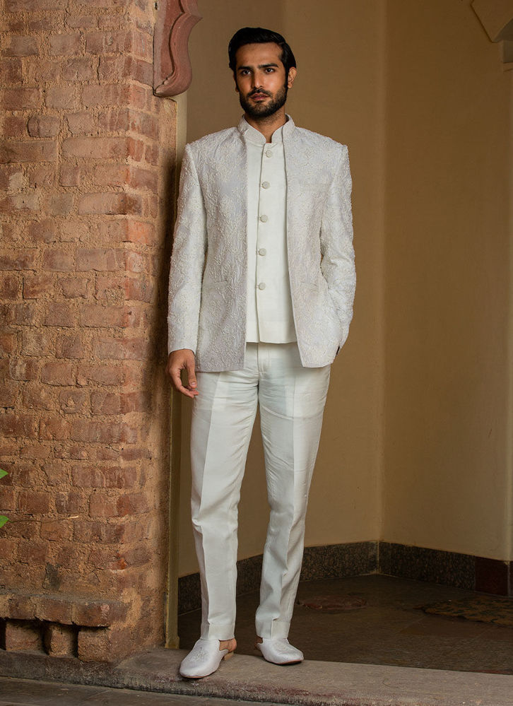Picture of IVORY RAW SILK SHORT EMBROIDERED JACKET WITH VEST AND PANT