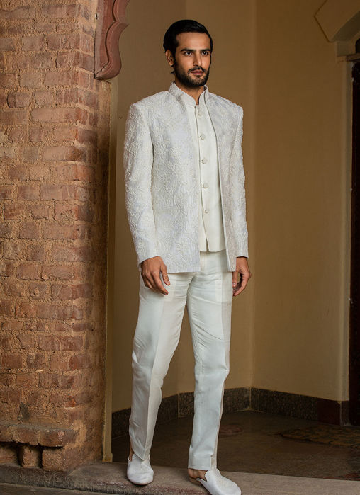 IVORY RAW SILK SHORT EMBROIDERED JACKET WITH VEST AND PANT