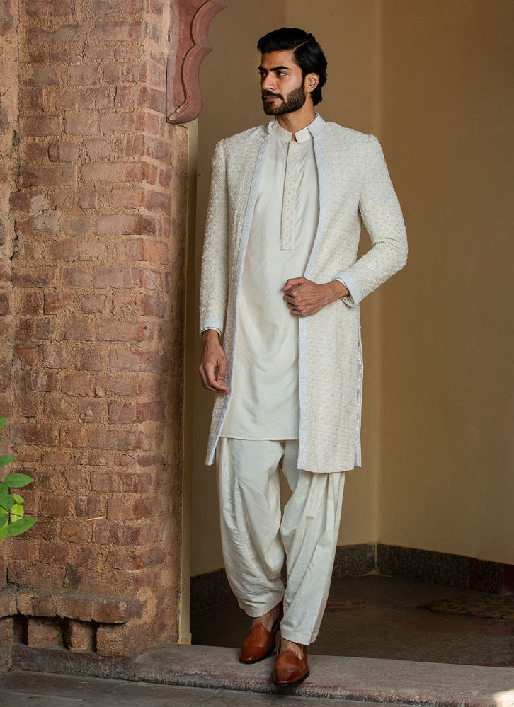 Picture of IVORY EMBROIDERED LONG JACKET WITH KURTA AND SALWAR