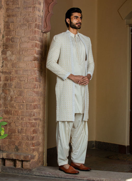 IVORY EMBROIDERED LONG JACKET WITH KURTA AND SALWAR