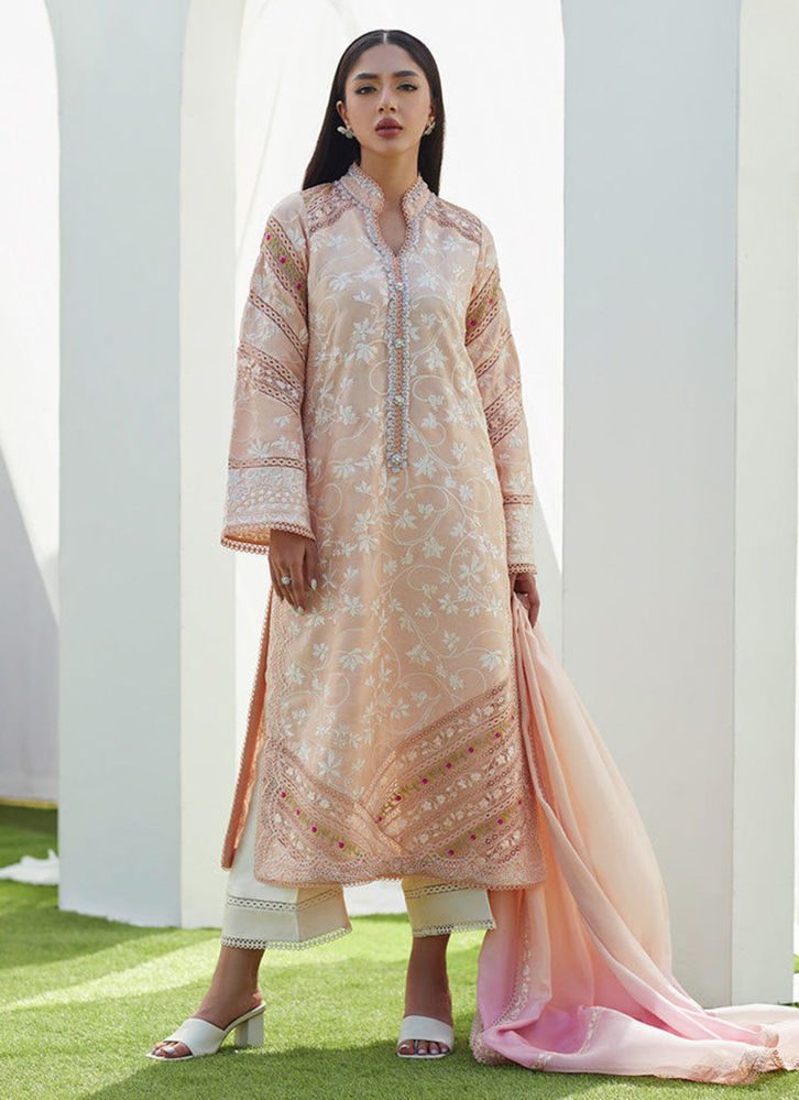 Picture of Dawn Peach Embroidered Silk Shirt and Dupatta