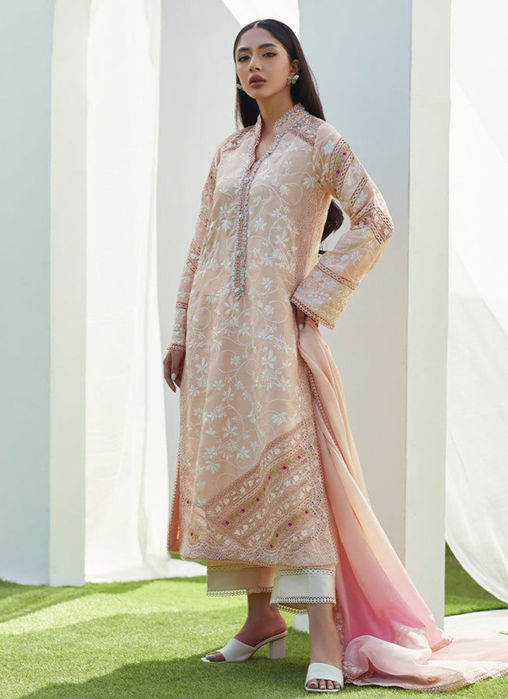 Dawn Peach Embroidered Silk Shirt and Dupatta