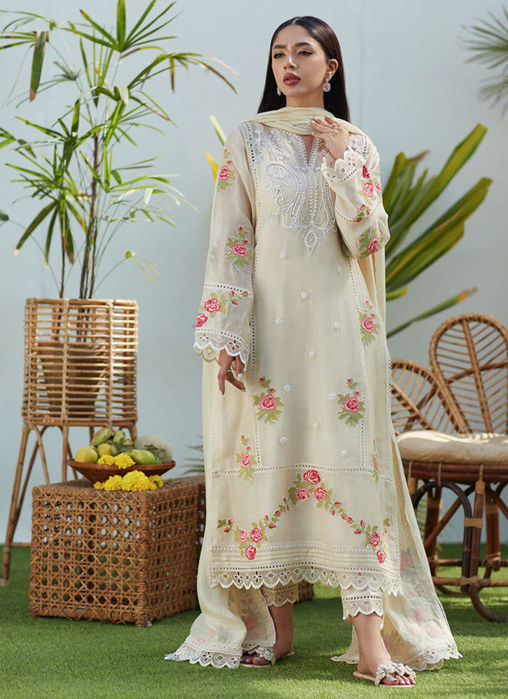 April Ivory Cross Stitch Cotton Net Shirt and Dupatta