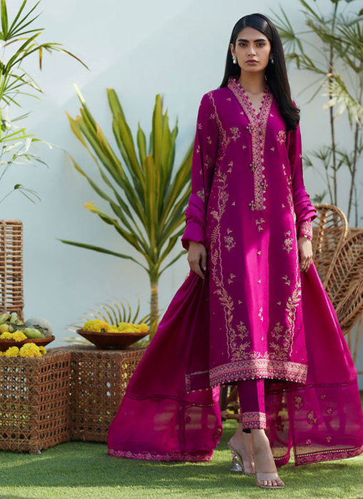 Prim Magenta Silk Embroidered Shirt and Dupatta