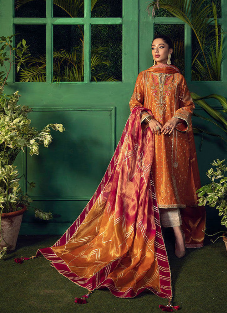 Picture of Bahar Burnt orange kurta with pure tissue ombre dupatta