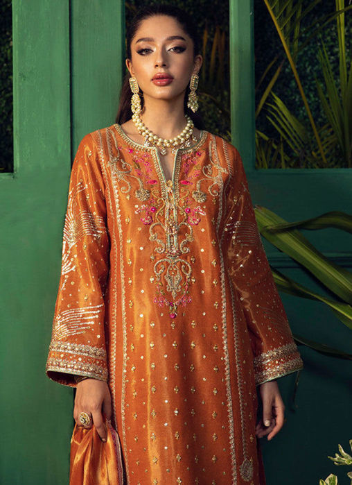 Bahar Burnt orange kurta with pure tissue ombre dupatta