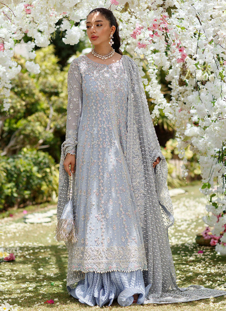 Picture of Clem Cornflower Blue Kallidaar Bridal with heavily Embellished dupatta and Crushed Swirl Maxi