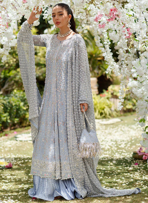 Clem Cornflower Blue Kallidaar Bridal with heavily Embellished dupatta and Crushed Swirl Maxi