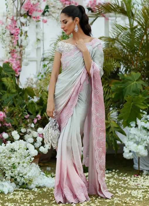 Camelia silver to blush Ombre Saree