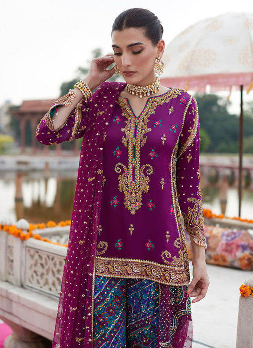 Alizeh Mehndi Aubergine Short Shirt And Dhaakha