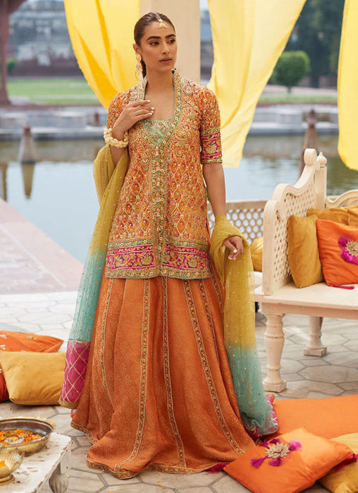 Zarminay Mayun Front Open Orange Shirt Dhakha