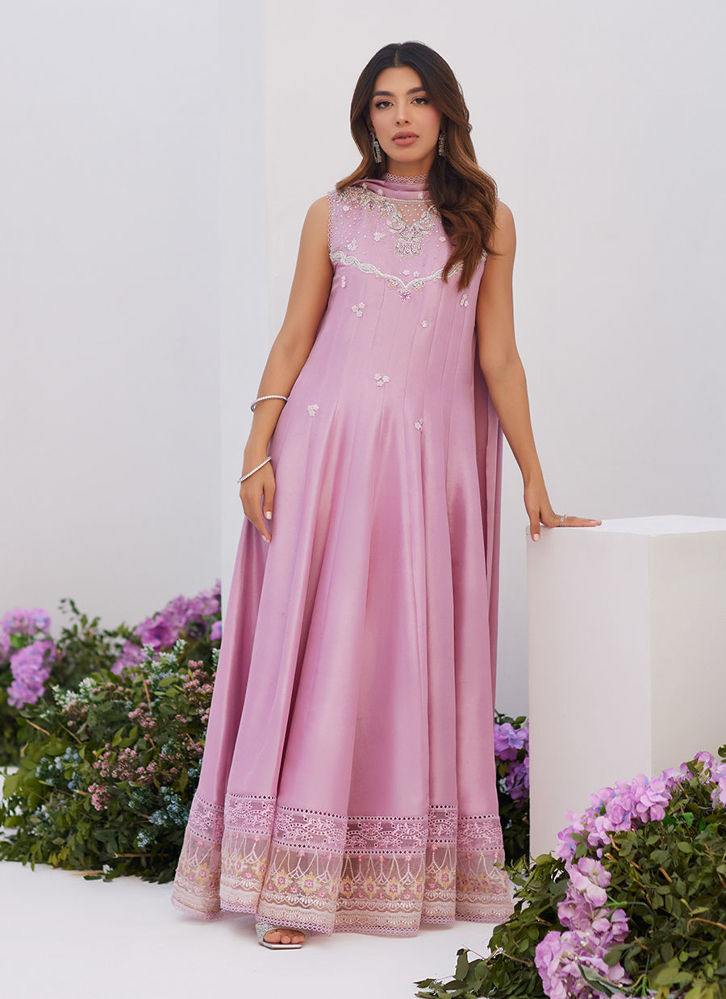 Picture of Cece Mauve embellished raw silk kalidar with Charmuese dupatta