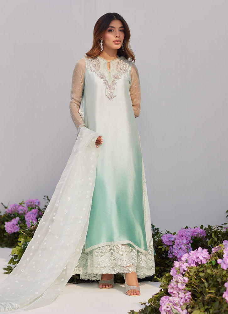 Picture of Solene Aqua Ombre Embellished Column Shirt with Embroidered Kalidaar Slip