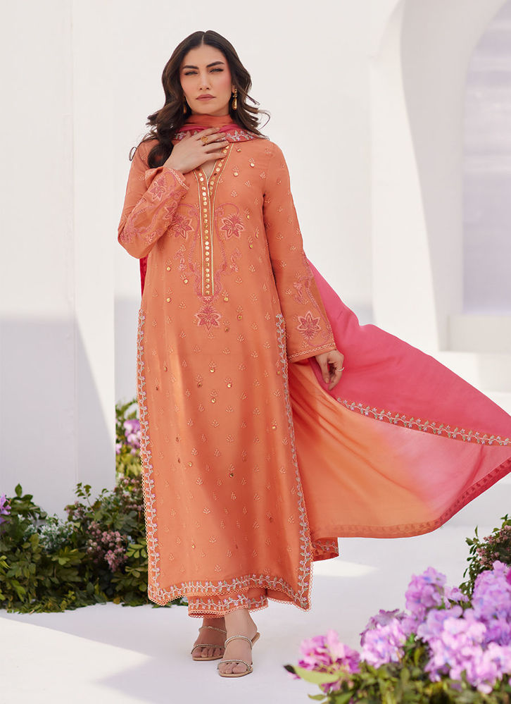 Picture of Elyna Coral embroidered Raw silk shirt and dupatta