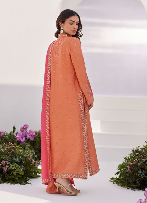 Elyna Coral embroidered Raw silk shirt and dupatta