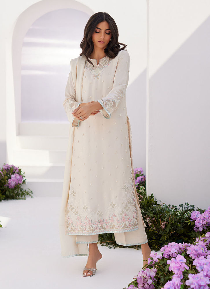 Picture of Lya Ivory embellished Raw silk shirt and dupatta