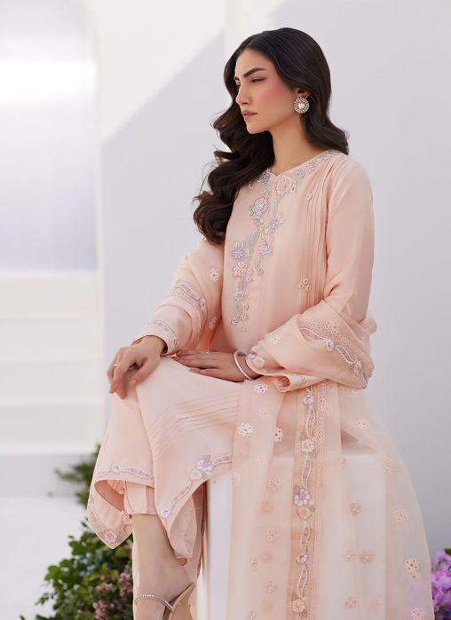 Elea Peach embroidered Raw silk shirt and dupatta