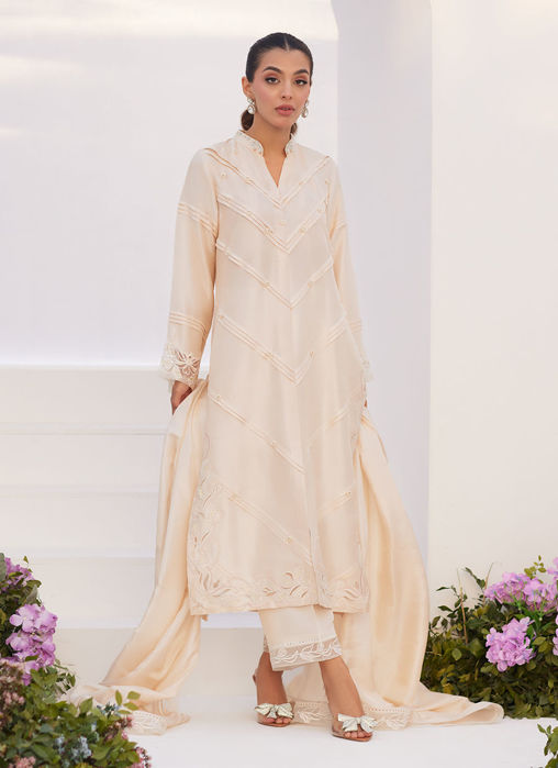 Tisele Ivory pleated Raw silk shirt and dupatta