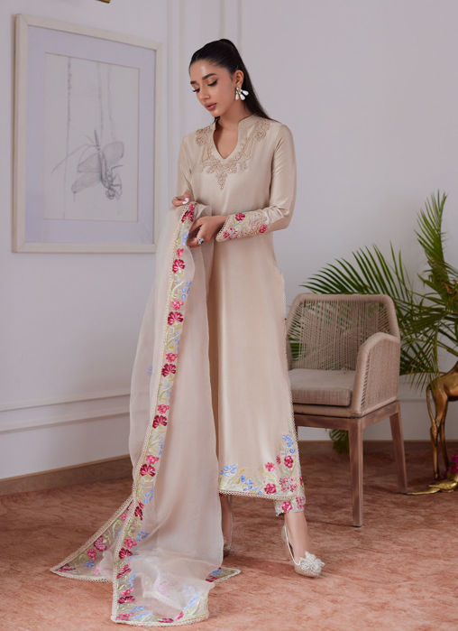 Liara Sand Embroidered Rawsilk Shirt And Dupatta